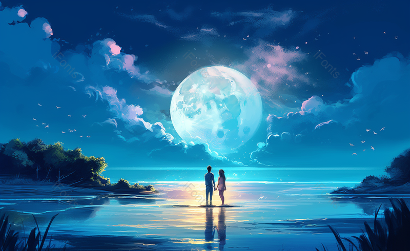 蓝色系月亮星空下情侣海边约会背景图,插画/手绘图,插画/手绘图库,插画/手绘图下载,插画/手绘